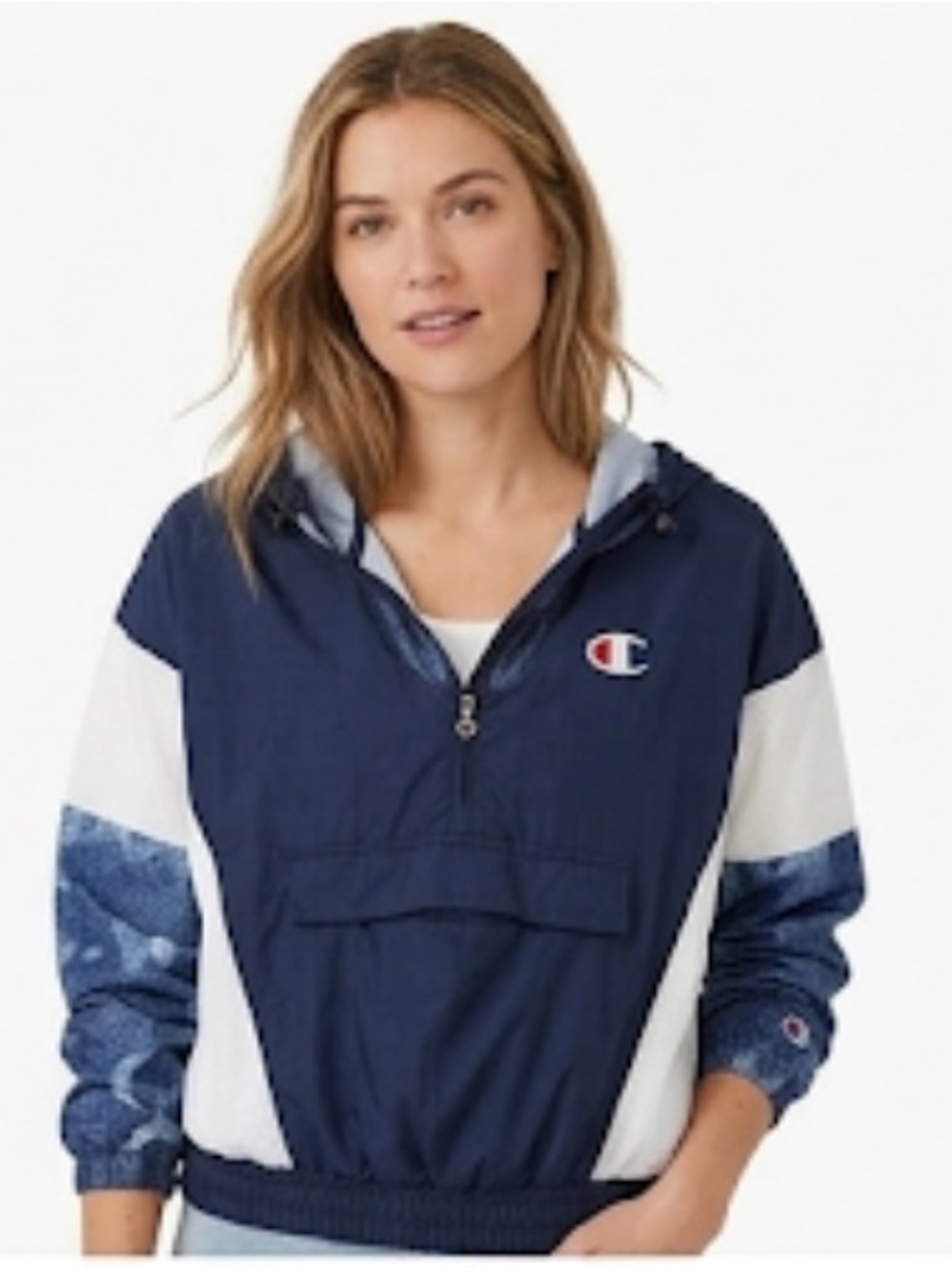 Champion Navy and White half zip meshed pullover hooded jacket size L